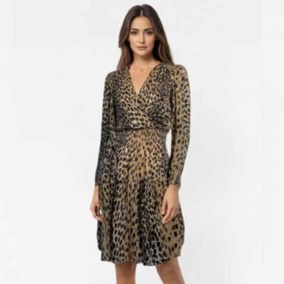 Rebecca Taylor Leopard Print Long Sleeve Plunged Neckline Mini Dress - Picture 14 of 16